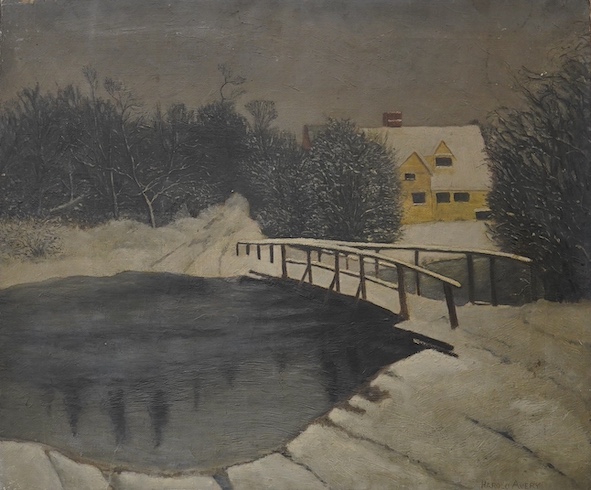 Harold Avery, oil on canvas, Winter landscape with bridge over a stream, signed, 54 x 65cm, unframed. Condition - fair